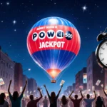 Giant Powerball jackpot balloon floats over city street at night with cheering crowds and ticking clock below.