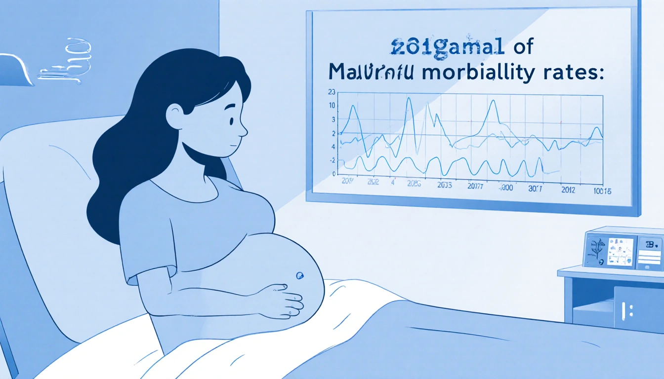 Pregnant woman sits on hospital bed with medical chart screen showing vital signs and pregnancy metrics