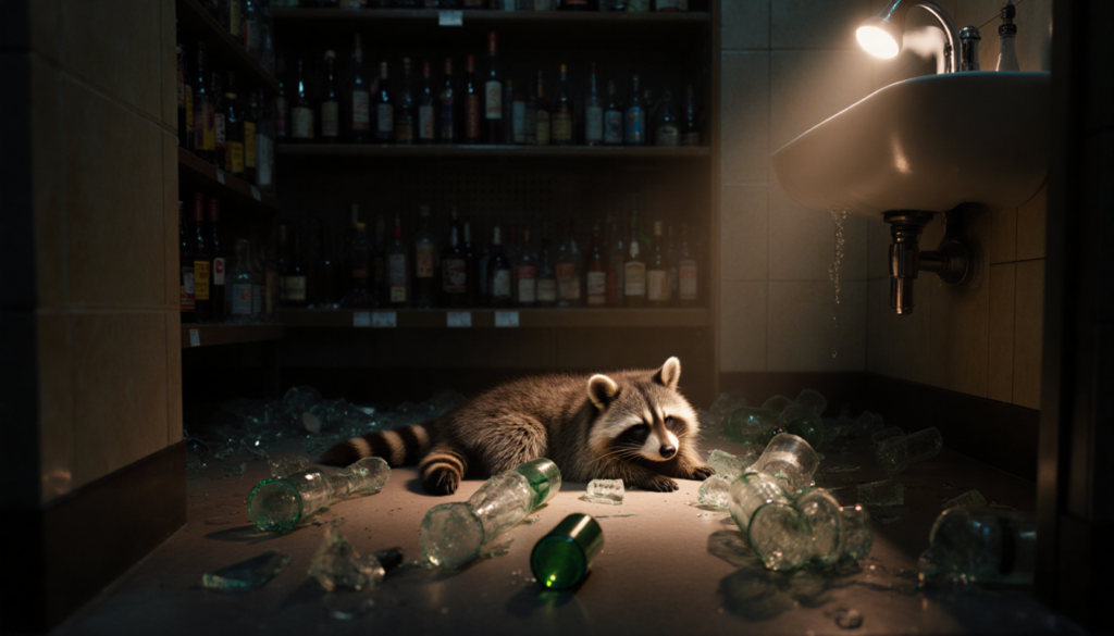 Raccoon lying on bathroom floor with spotlight and broken glass bottles in liquor store.