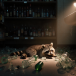Raccoon lying on bathroom floor with spotlight and broken glass bottles in liquor store.