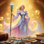 Rhea Seehorn as sorceress stands casting a spell with glowing orbs and a Magic: The Gathering board in foreground