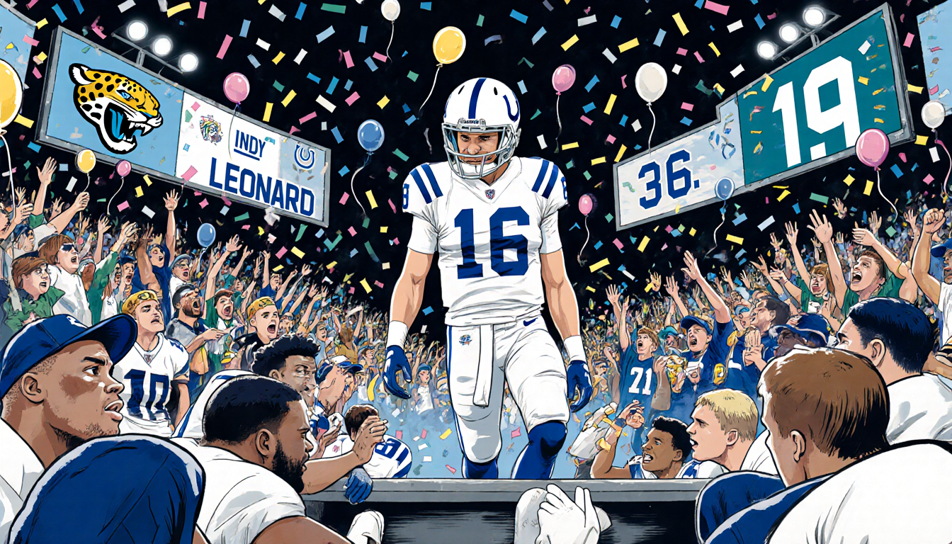 Riley Leonard stepping onto the field as quarterback with a chaotic Colts bench in disarray and the scoreboard showing 36-19