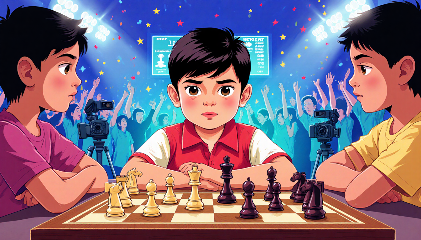 Young chess prodigy Sarwagya Singh Kushwaha sits confidently at a chessboard with moving pieces while a cheering crowd watche