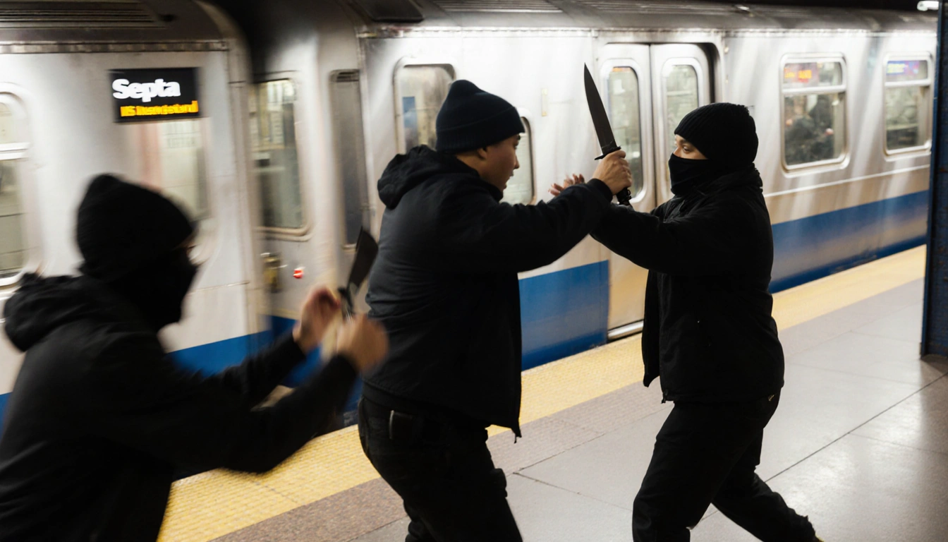 Knife-wielding attacker brandishing knife with victim attempting disarm on busy SEPTA platform