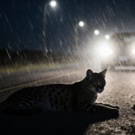Serval lying motionless on deserted Berks County road at dusk with streetlights and scattered leaves.