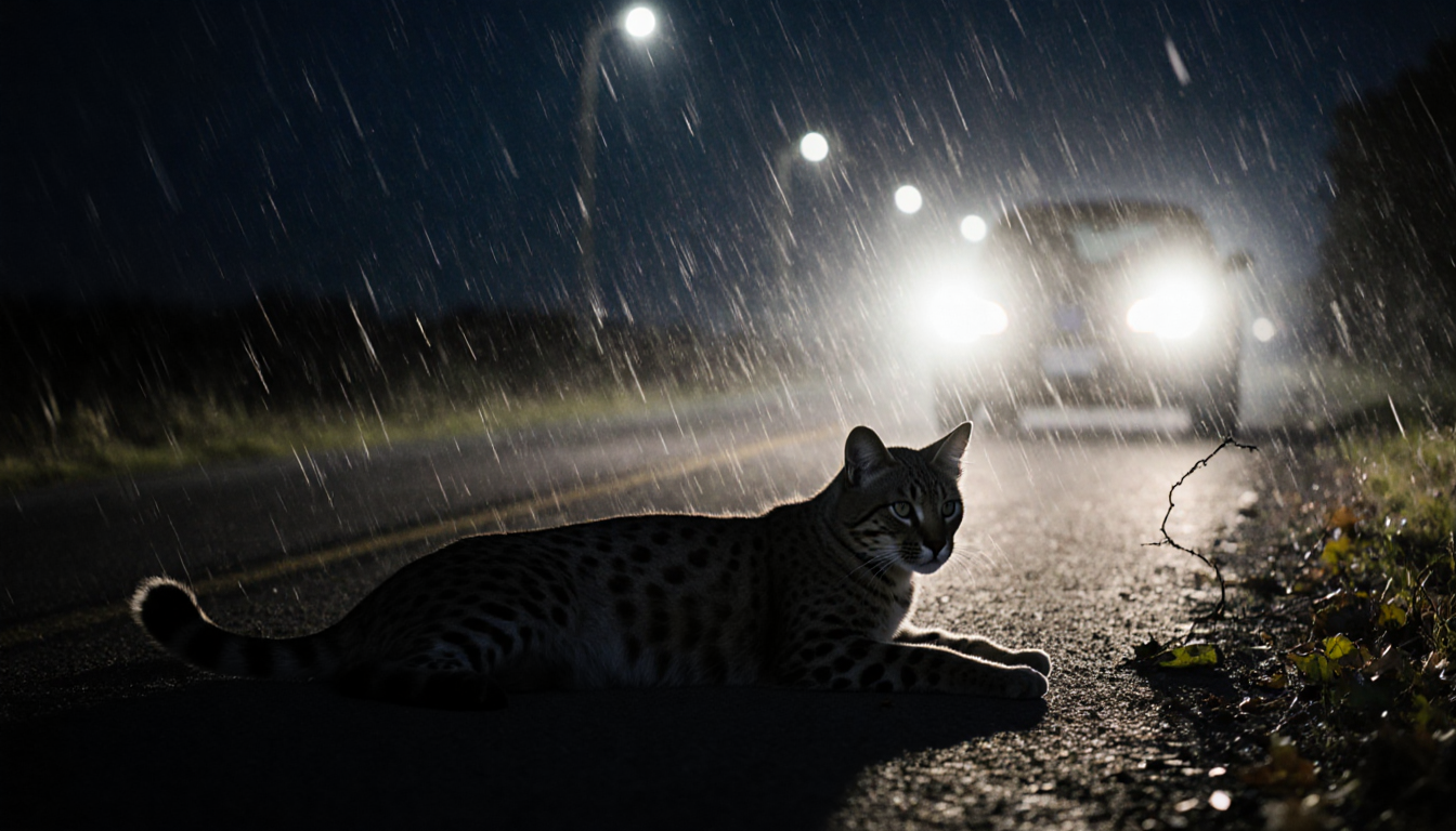 Serval lying motionless on deserted Berks County road at dusk with streetlights and scattered leaves.