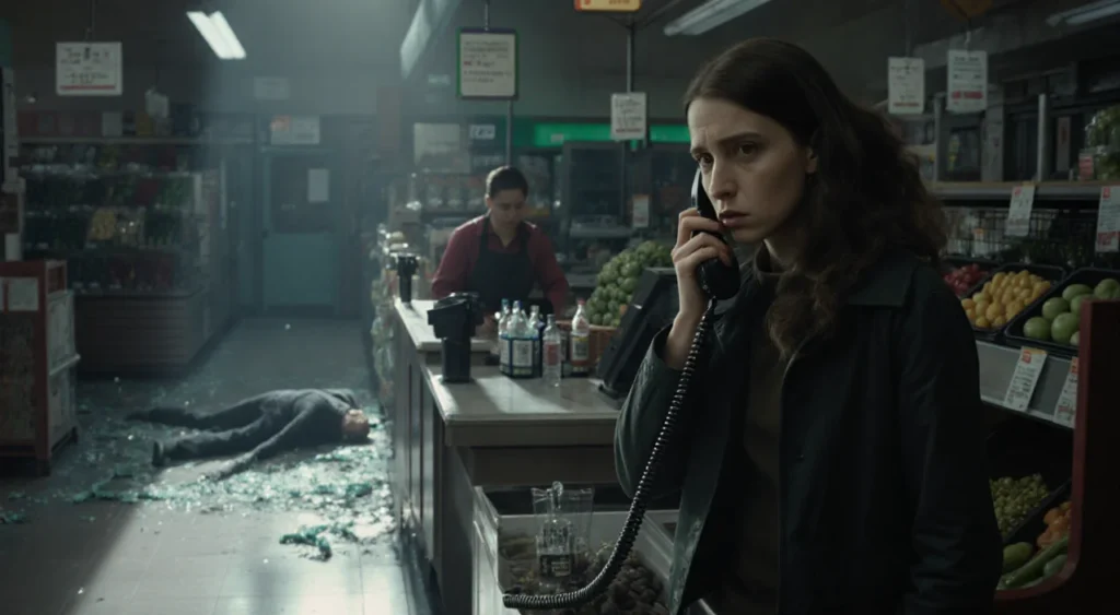 Customer dialing 911 with shaking hands and pale face in a shop interior with blurred figure on floor