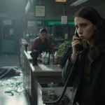 Customer dialing 911 with shaking hands and pale face in a shop interior with blurred figure on floor