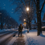 Resident shoveling snow on street with lamppost glow and winter storm sign in background