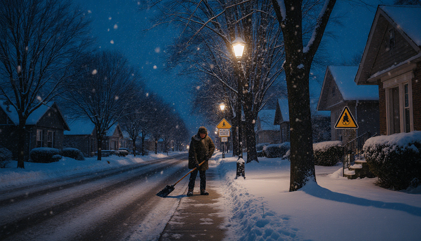 Resident shoveling snow on street with lamppost glow and winter storm sign in background