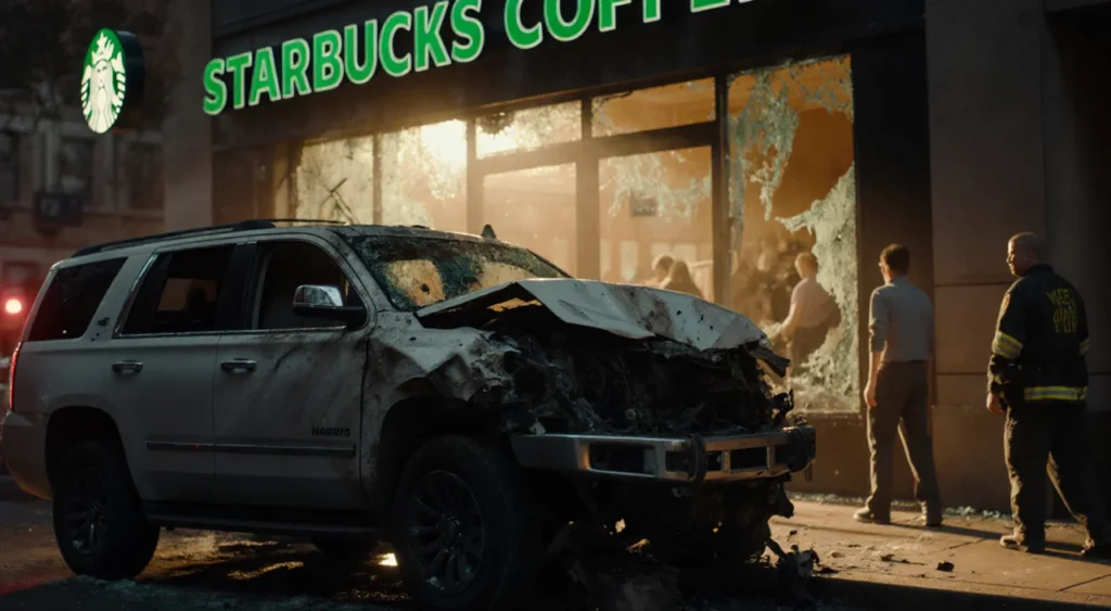 Crushed SUV dominates scene with shattered Starbucks storefront and soft golden morning light