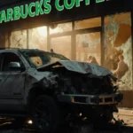 Crushed SUV dominates scene with shattered Starbucks storefront and soft golden morning light
