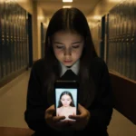 13-year-old girl sits on bench with school hallway and golden light while looking at distorted Snapchat image.