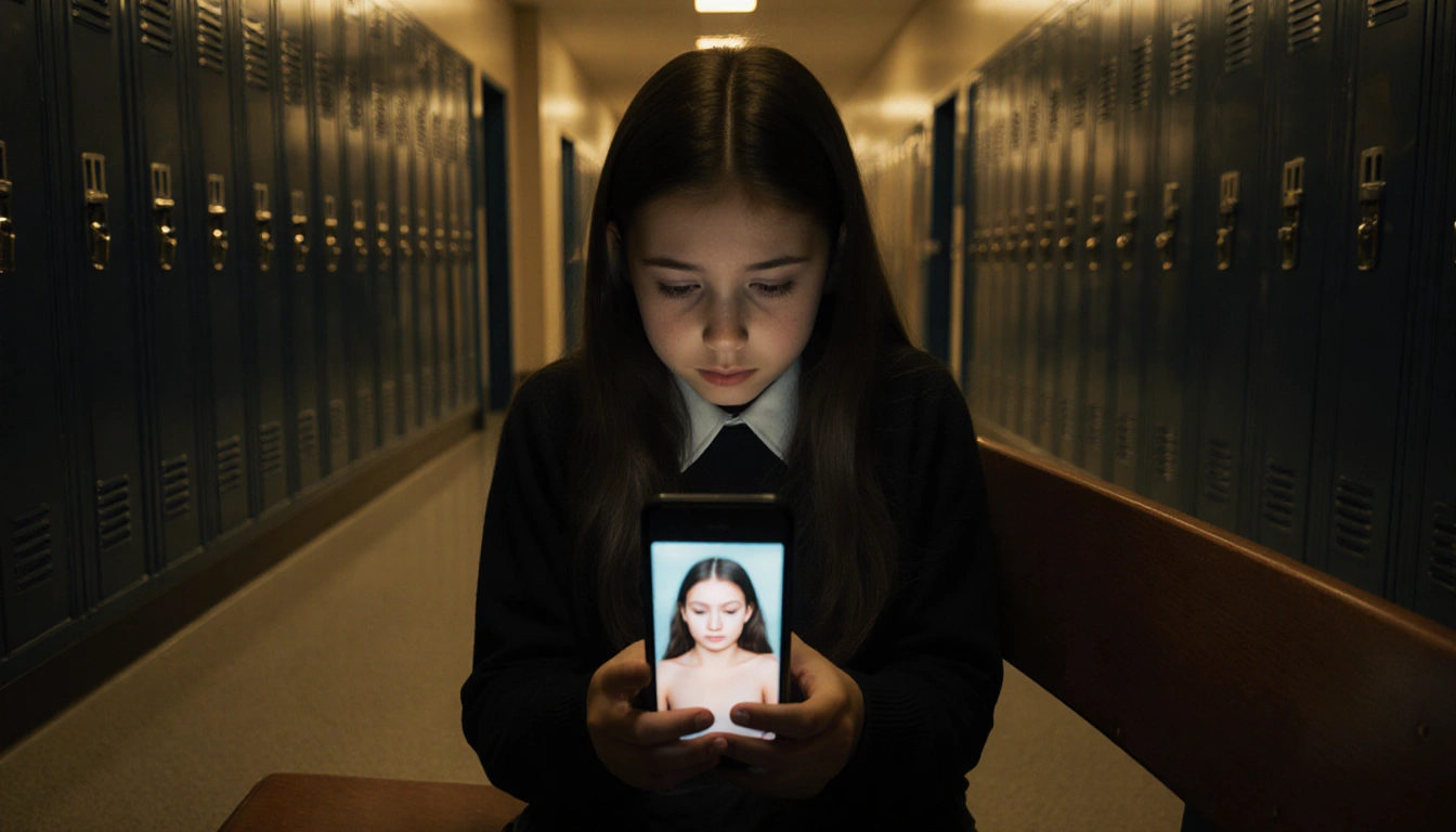 13-year-old girl sits on bench with school hallway and golden light while looking at distorted Snapchat image.