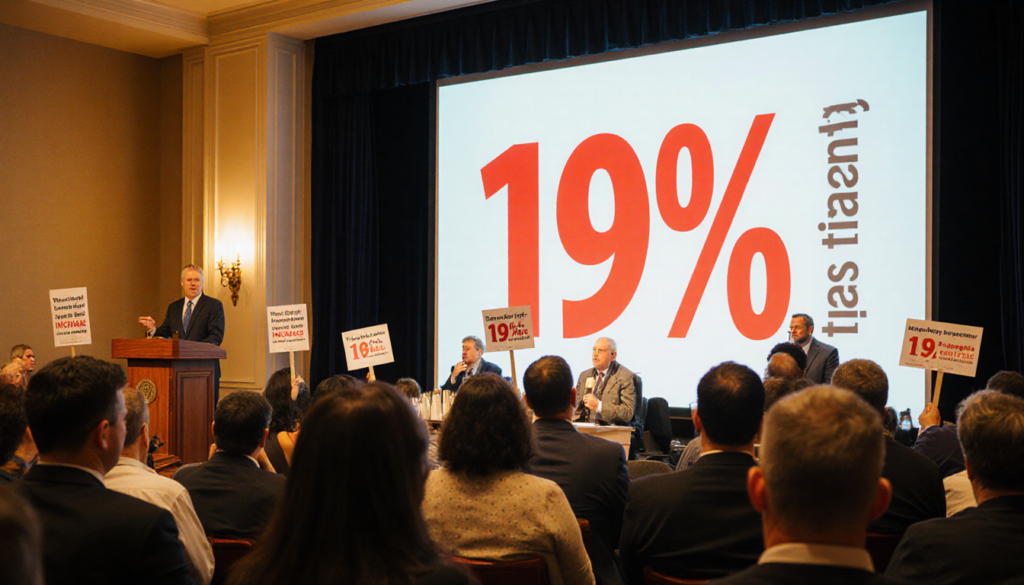 Citizens protesting with council members near a large screen displaying bold red 19% property tax increase and golden light