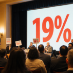Citizens protesting with council members near a large screen displaying bold red 19% property tax increase and golden light