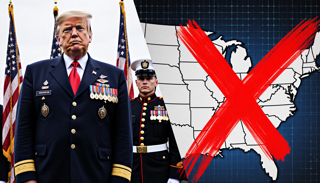 President Trump standing with National Guard unit and flags while a red X overlays a faded U.S. map indicating legal pushback