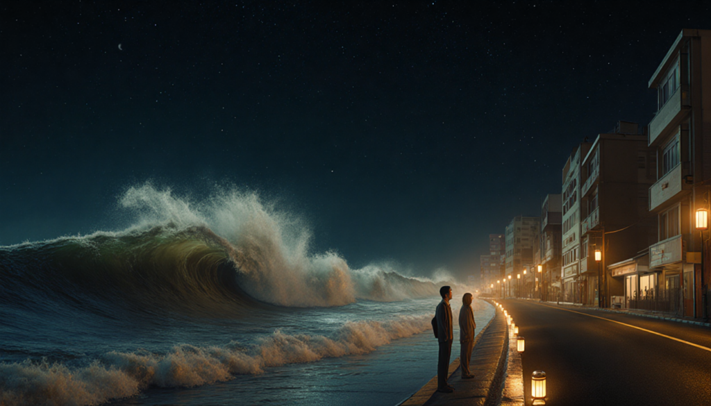 Tsunami wave crashes onto Aomori shore with warm golden light and lantern‑illuminated people watching in urgency