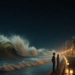 Tsunami wave crashes onto Aomori shore with warm golden light and lantern‑illuminated people watching in urgency