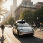 Autonomous Waymo vehicle glides through Fairmount Park streets in Philadelphia with pedestrians and cyclists