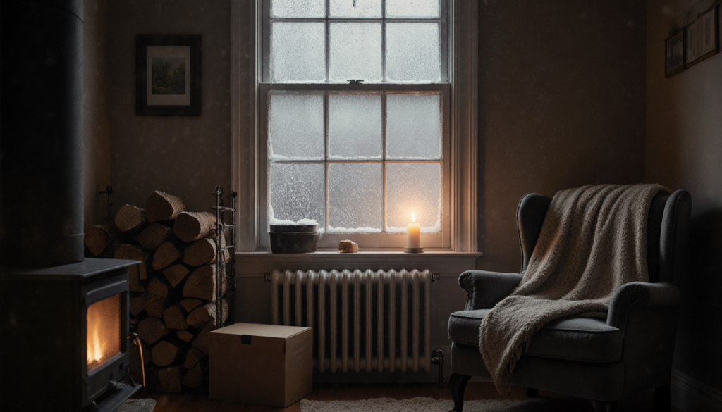 Fireplace crackles with warm light and frosted window reflects cozy glow.
