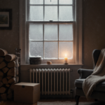 Fireplace crackles with warm light and frosted window reflects cozy glow.