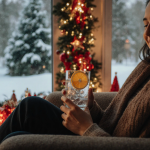 Person sitting on couch holding water glass with ice and citrus slices against snowy green forest