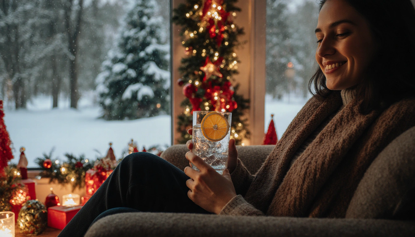 Person sitting on couch holding water glass with ice and citrus slices against snowy green forest