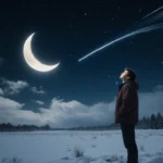 Young adult stargazing upward in snowy field with crescent supermoon and meteor shower streaking across night sky