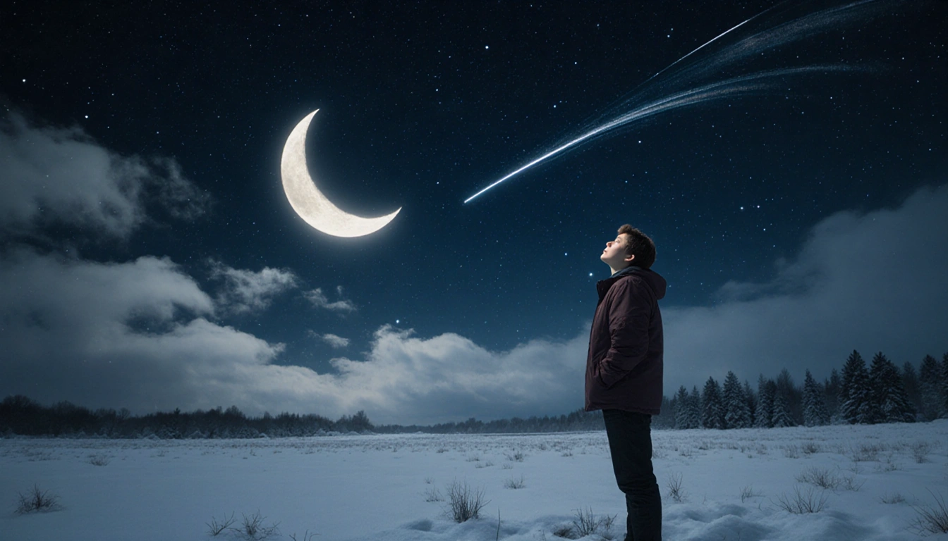 Young adult stargazing upward in snowy field with crescent supermoon and meteor shower streaking across night sky