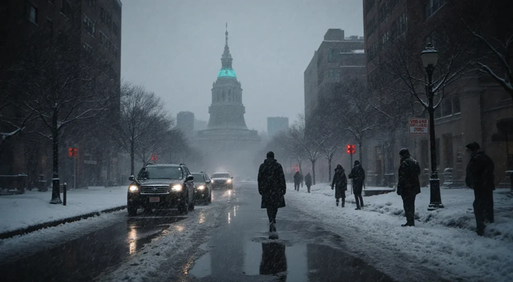 Pedestrians walking away from frozen puddles with misty winter storm Philadelphia skyline and the Liberty Bell in fog.