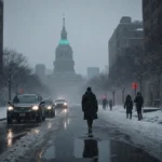 Pedestrians walking away from frozen puddles with misty winter storm Philadelphia skyline and the Liberty Bell in fog.