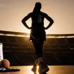 Silhouette of a WNBA player standing with hands on hips and a sunset court backdrop with a white calendar showing Jan. 9 dead
