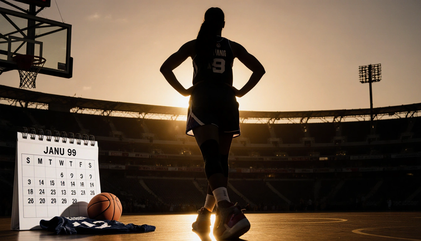 Silhouette of a WNBA player standing with hands on hips and a sunset court backdrop with a white calendar showing Jan. 9 dead