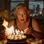Woman grasps lit birthday cake with flames licking her fingers and eyes wide with surprise near a blurred cityscape