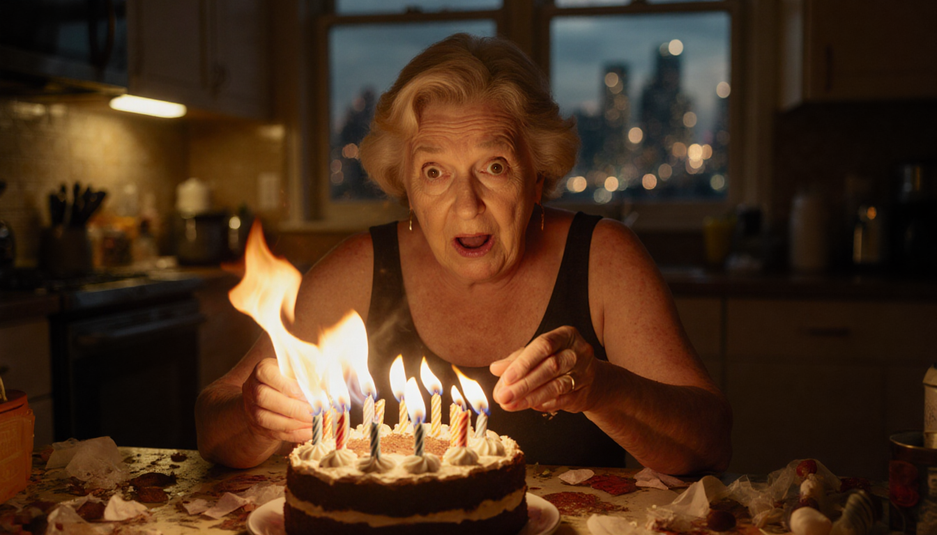 Woman grasps lit birthday cake with flames licking her fingers and eyes wide with surprise near a blurred cityscape
