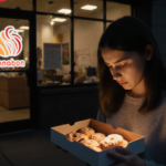Young woman cradling Cinnabon pastries with regretful gaze and dim Cinnabon storefront in background