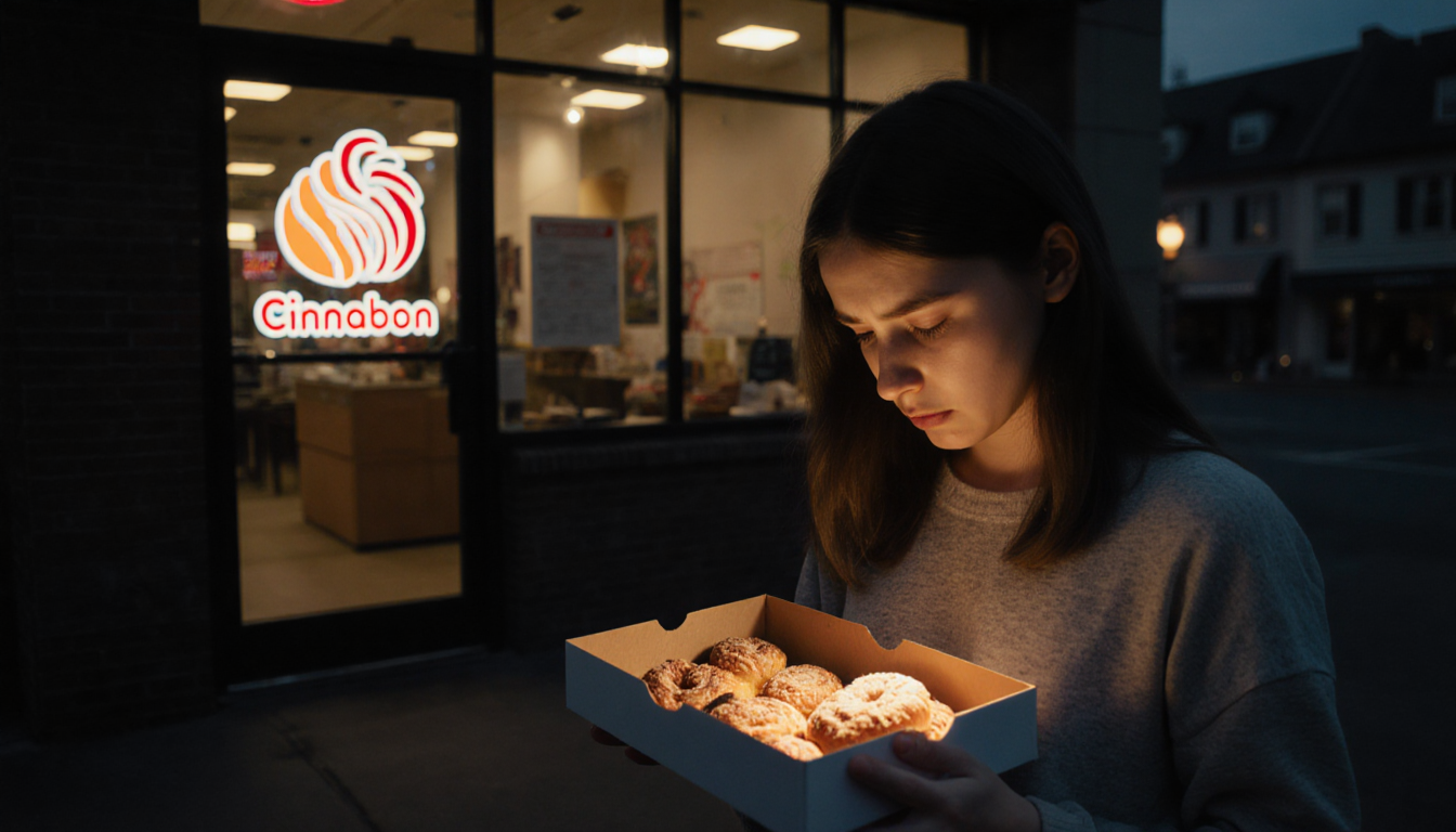 Young woman cradling Cinnabon pastries with regretful gaze and dim Cinnabon storefront in background