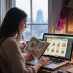 Katie Begley holds a spellbook while browsing a spell-themed marketplace on her laptop with a cozy mystical desk.
