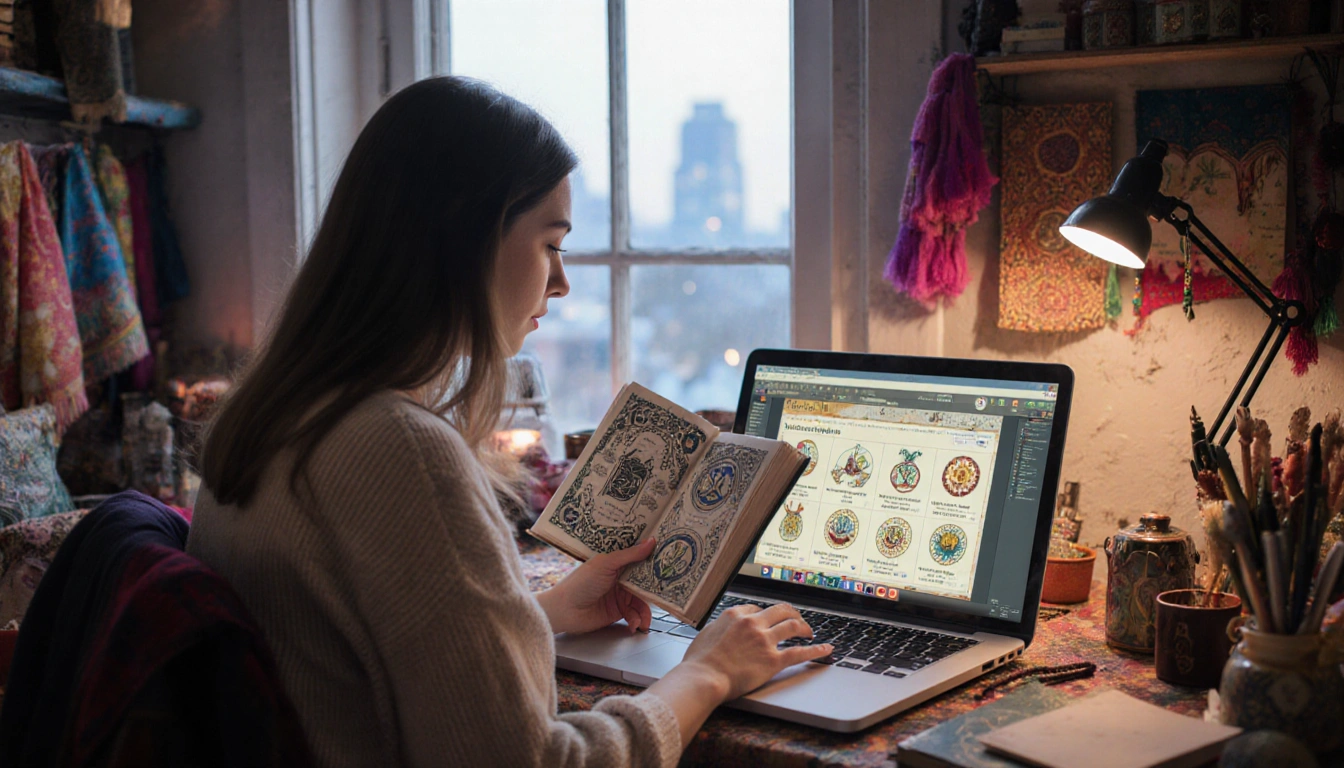 Katie Begley holds a spellbook while browsing a spell-themed marketplace on her laptop with a cozy mystical desk.