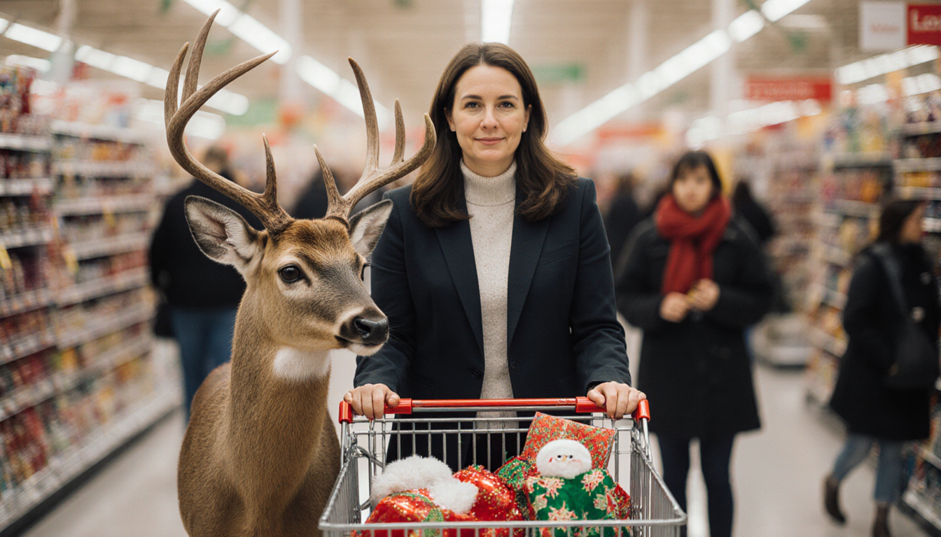 Calm woman stands behind a holiday shopping cart with a deer antlers visible and blurred shoppers in background.
