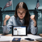 Young woman with clenched fists over passport papers and a tablet showing a social media feed in a blurred background.