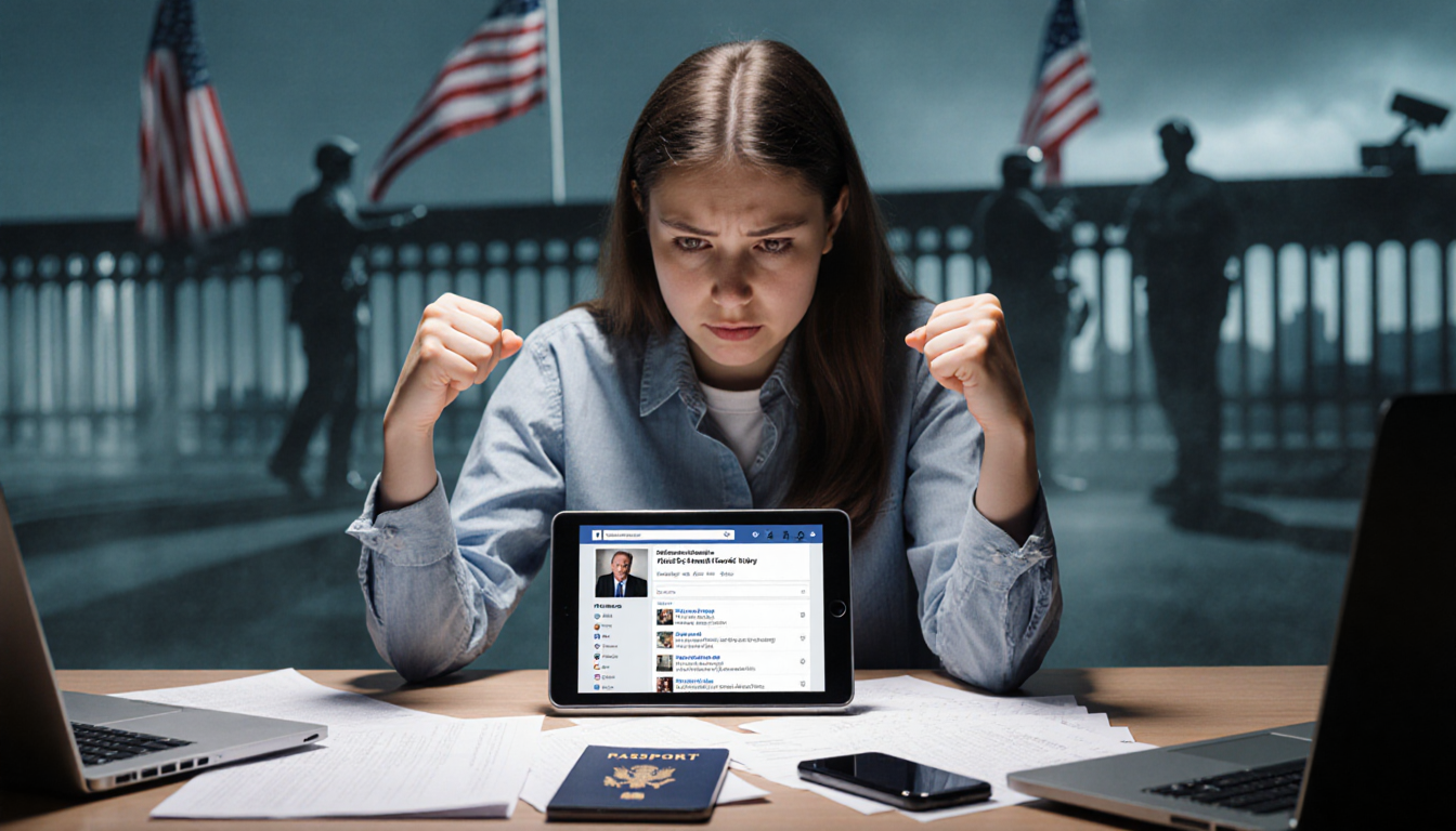 Young woman with clenched fists over passport papers and a tablet showing a social media feed in a blurred background.