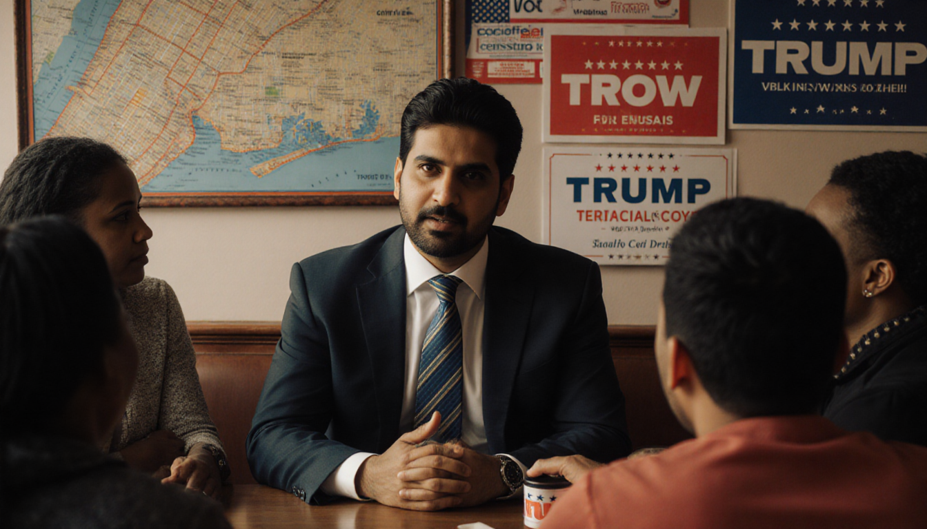 Mayor‑elect Zohran Mamdani speaking to Bronx and Queens voters in a Brooklyn café with warm lighting and campaign maps
