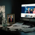 Shattered vase lies on cluttered desk with scattered papers and a faded photo of Trump and Epstein and a glowing DOJ screen