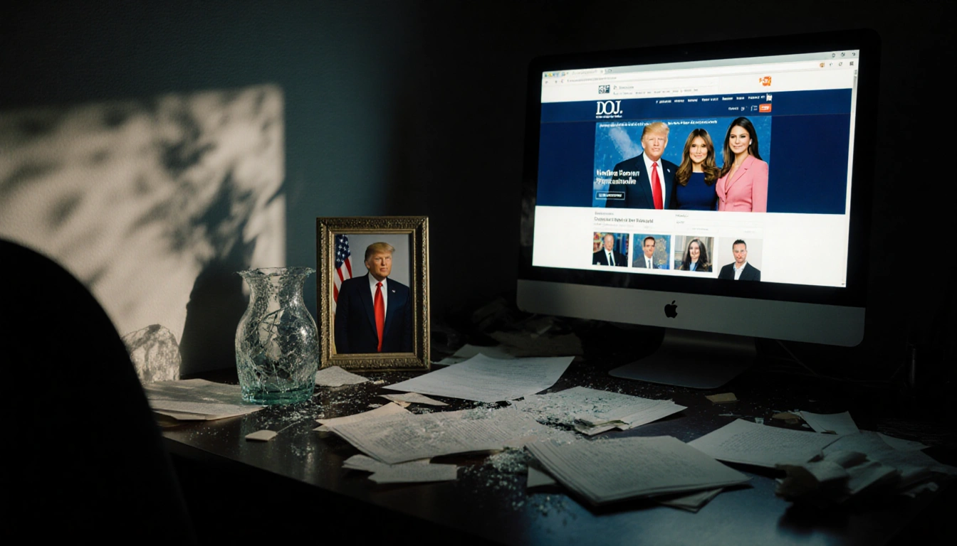 Shattered vase lies on cluttered desk with scattered papers and a faded photo of Trump and Epstein and a glowing DOJ screen
