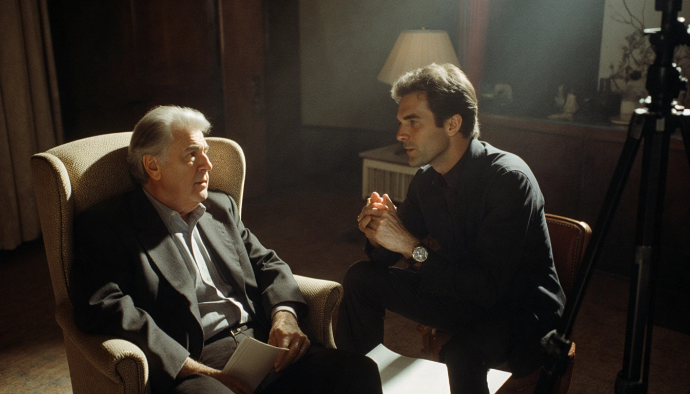 Director Rob Reiner talks with Richard Dreyfuss in an armchair with soft lighting on a studio set
