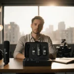 Filmmaker sits writing notes with DJI Mic Mini Bundle and studio lights and cityscape near window