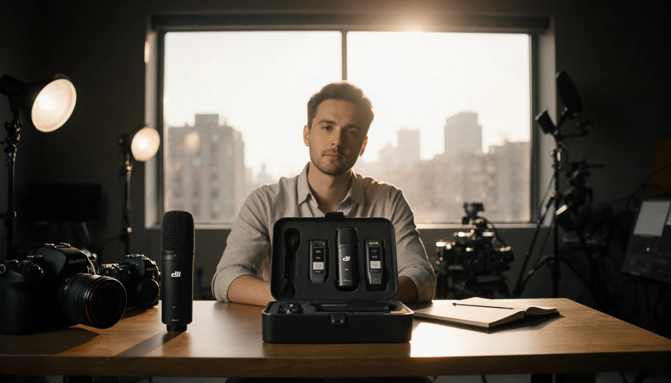 Filmmaker sits writing notes with DJI Mic Mini Bundle and studio lights and cityscape near window