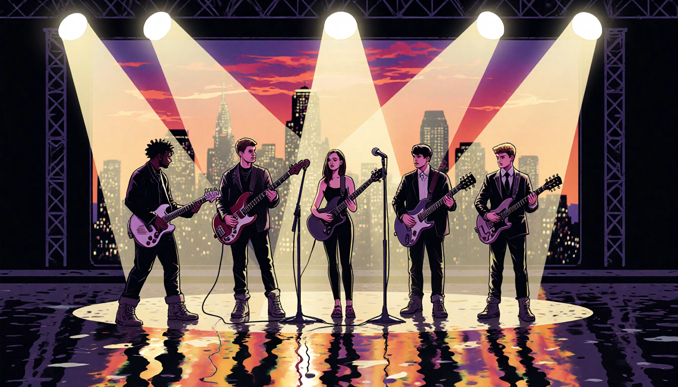 Five musicians performing on stage with spotlights and a sunset cityscape reflected on wet pavement
